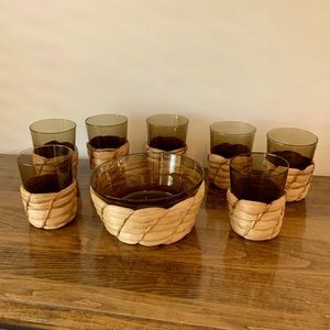 Vintage smoked glasses and serving dish with removable rattan/basket bottoms.